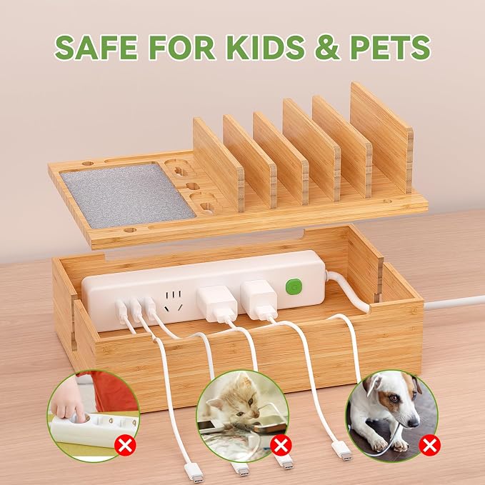 Pezin&Hulin Charging Station for Multiple Devices with 10 Port HUB, 6 Cable | USB Charger Dock Organizer , Cable Management Organizer for Cell Phones, Tablets - Bamboo, Natural Color