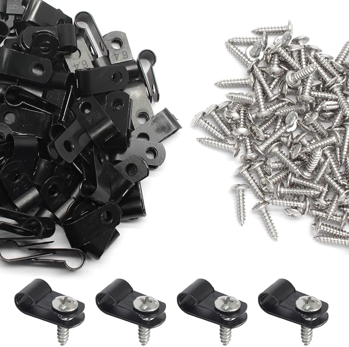 100 Pcs 1/4 Inch Black Nylon Screw Mounting R-type Cable Clip | 6.4mm, Wire Management, Stainless Steel Screws Included