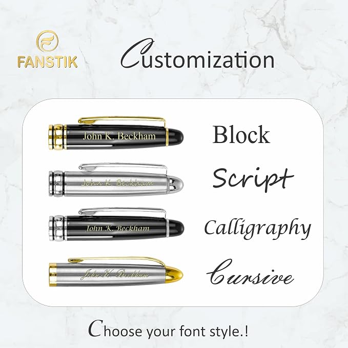 FANSTIK Customized RollerBall pen with name (MADE IN USA), stainless steel, black and gold, luxury engraved pen personalized for men and for women. (RollerBall Black-Gold)