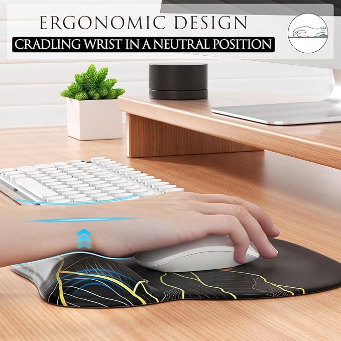 MROCO Ergonomic Mouse Pad with Gel Wrist Rest, Smooth Wrist Support Surface, Non-Slip PU Base for Pain Relief, Comfortable Mousepad for Computer, Laptop, Office & Home, 9.4 x 8.1 in, Golden Rise