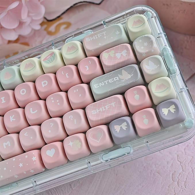 Cute MOA Keycaps,Gradient Pink Kawaii Round Keycaps Custom 133 Keys Keycap Set Thick PBT Keycap for Cherry MX Switch 75% 60% Mechanical Gaming Keyboard Creamy Watermelon Key Cap