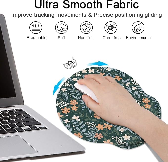 Vintage Green Floral Wildflower Ergonomic Mouse Pad Set with Wrist Rest Non-Slip Rubber Base Wrist Cushion Support and Coasters Mousepad with Wrist Support for Computer Keyboard and Desk