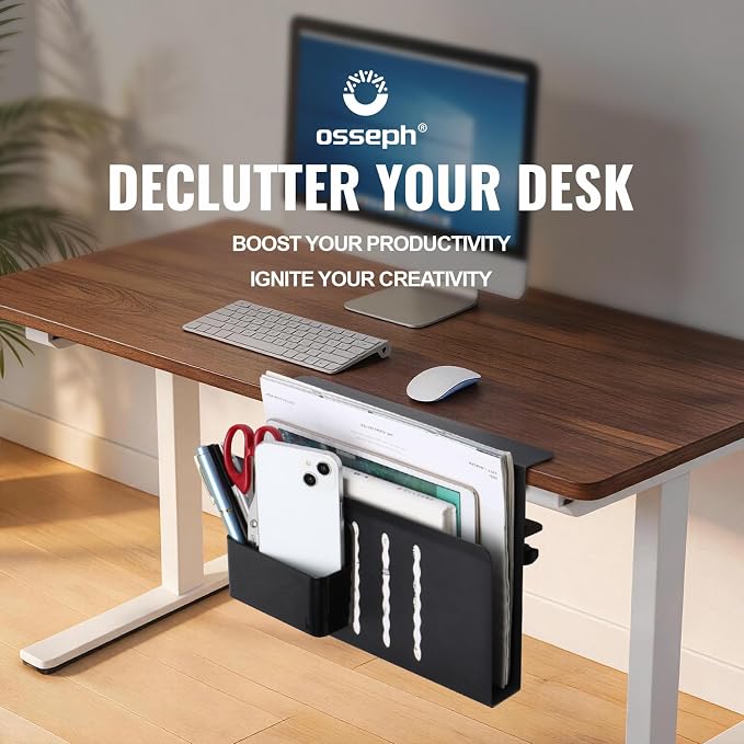 Desk Side Storage Organizer, Under Desk Laptop Holder with Magnetic Pen Holder, No Drill Hanging Desk Caddy for Office & Home, Clamp On Desk Shelf for Tablet, Files, Accessories (Black)