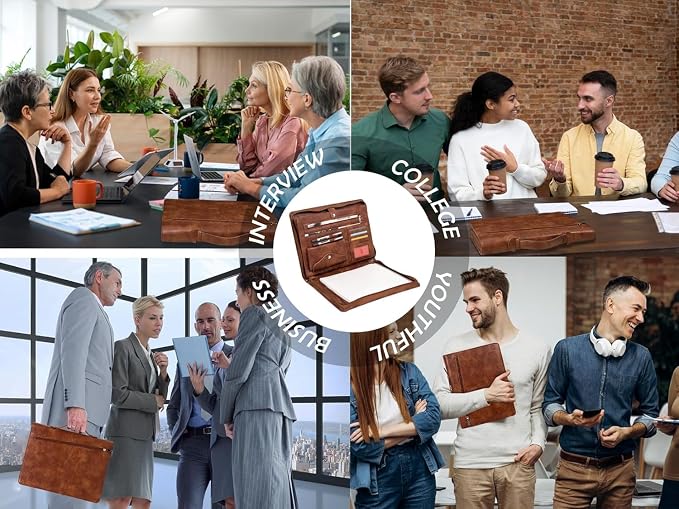 AZXCG Personalized Leather Portfolio,Free Engraved Name,Padfolio for Women Organizer with Zippered, A4 Notepad Holder, Portfolio with Handle,Business Portfolio with A4 Writing Pad,Gift for Men&Women