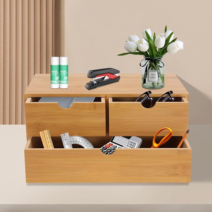 Desk Organizer, 12*7.48*7.87inch Bamboo Desk Organizer Tabletop Storage Organization Box Mini Tabletop Storage Box Countertop Drawers with Baffles for Cosmetics Collections (12.99*7.48*6.3inch)