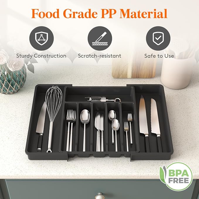 Lifewit Silverware Drawer Organizer, Expandable Utensil Tray for Kitchen, BPA Free Flatware and Cutlery Holder, Adjustable Plastic Storage for Spoons Forks Knives, 33 -57 x 42cm, Black