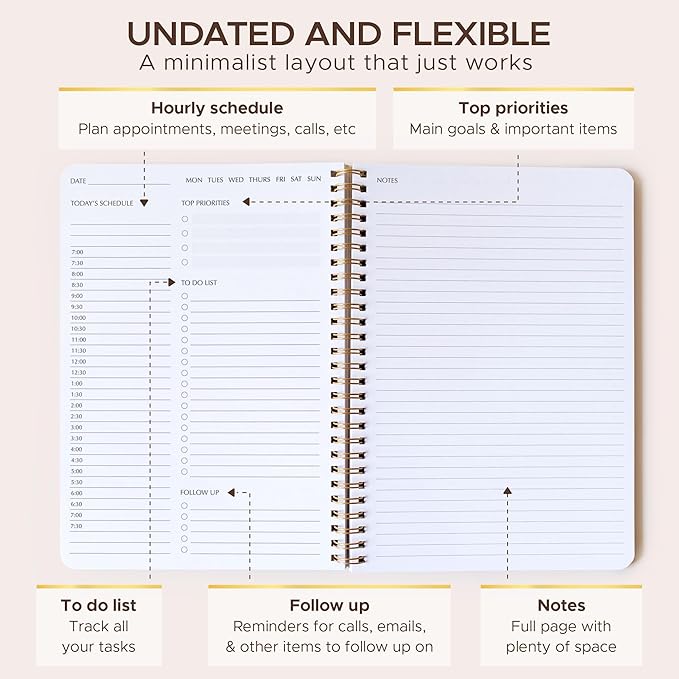 Simple Daily Planner Undated & To Do List Notebook: With Hourly Schedule - 6.5x9.25" Blush Pink - Aesthetic Spiral Note book for Work and Life Tasks - Day & Hour Agenda, Organizer Notepad Journal