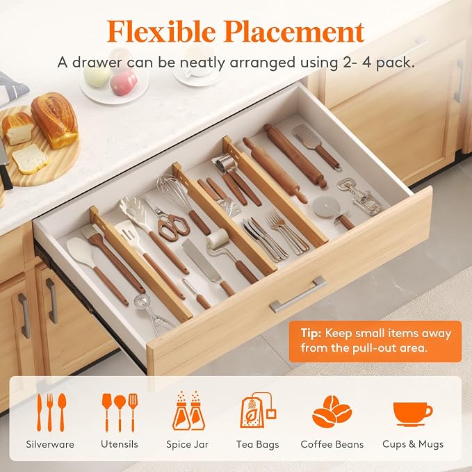 Lifewit 2.4" High 8 Pack Bamboo Drawer Dividers 45-55cm/17.5-22" Adjustable Wooden Drawer Organizer for Clothes/Utensils, Expandable Drawer Separator for Dresser/Kitchen/Bedroom/Office Organization