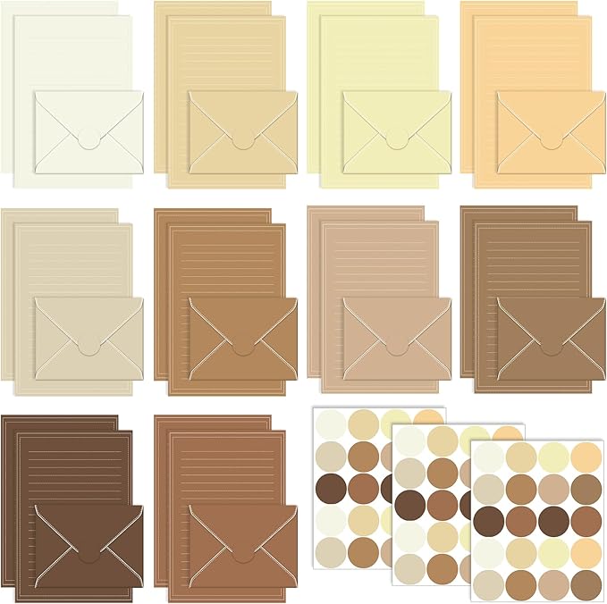 TaoBary 160 Packs Stationery Paper Set (50 Double Sided Stationery Writing Papers 50 Matching Envelopes) 60 Round Dot Sticker, 10 Design (5.5 x 8.25 Inch,Brown Color)