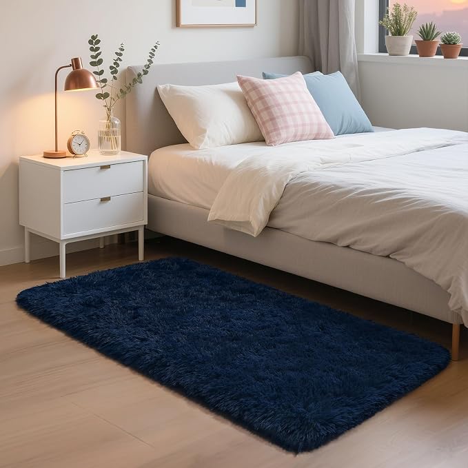HOMORE Small Rugs for Bedroom 2x3 Feet Blue Rug for Bedroom Bedside Soft Fluffy Area Rugs for Desk Indoor Entrance Door Mat, Small Runner Rugs and Carpets for Dorm Nursery, Navy Blue
