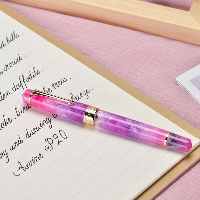 Asvine P20 Piston Fountain Pen Gradual Purple Resin, Iridium Medium Nib Gold Trim Smooth Writer Collection with Case Set