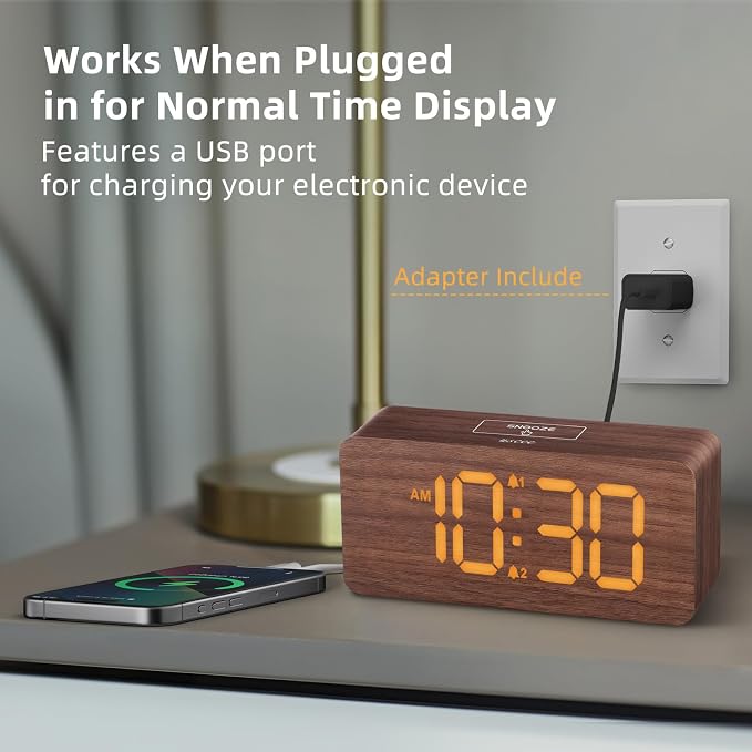 uscce Wooden Digital Alarm Clocks for Bedrooms with 0-100% Dimmable Display | Desk Clock with Large Numbers for Living Room - Loud Dual Alarm for Heavy Sleepers with Volume Control - Wood Decor & Gifts