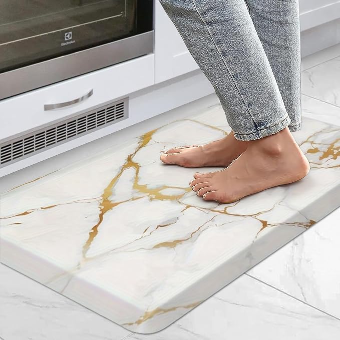 MAYHMYO Kitchen Mats Cushioned Anti Fatigue 0.47" Thick, White and Gold Marble Kitchen Rug Floor Mat, Non Slip Waterproof Modern Comfort Standing Mat for Home, Office, Sink