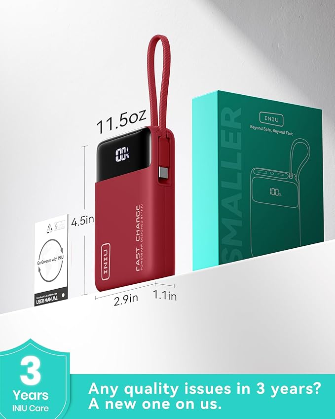 INIU 20000mAh Power Bank, Small 45W PD Fast Charging Portable Charger with Built-in USB C Cable, Flight-Safe Travel External Phone Battery Pack for Long Flight, Vacation, Cruise, Teens, Red