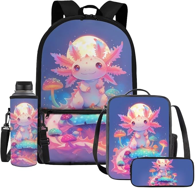 WELLFLYHOM Axolotl Kids Girls Backpack Set 6-8 4Pcs with Lunch Box Pencil Case Water Bottle Sleeve Moon Mushroom Elementary School Daypack Back to School Season Supplies Purple