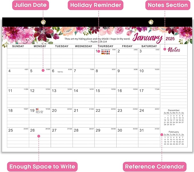 2026 Desk Calendar, 18-Month Calendar Runs from January 2026 to June 2027, 17" x 12" Desktop or Wall Calendar, Perfect Monthly Calendar Planner for Home, Office, or School - Psalm Theme