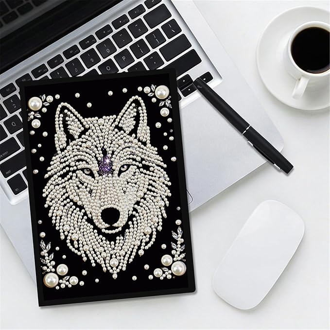FRANDEK Pearl Painting Notebook Kit, Black and White Wolf A5 DIY Journal with 50 Blank Pages, Diamond Gem Art Cover with Waterproof Canvas, Beginner Craft Set with Full Tools for Adults