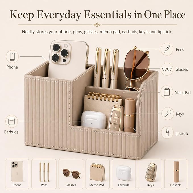 KINGFOM Desk Pen Organizer Office Supplies Caddy Pu Leather Multi-function Storage Box Pen/Pencil,Cell phone, Business Name Cards Remote Control Holder (Mocha Beige)