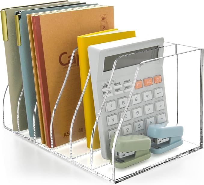 Clear Acrylic Magazine File Holder, 6 Compartment Desk Organizer | 6 spacious vertical compartments hold magazines, files, books & more. 5mm thick clear acrylic, non-slip base. No assembly.