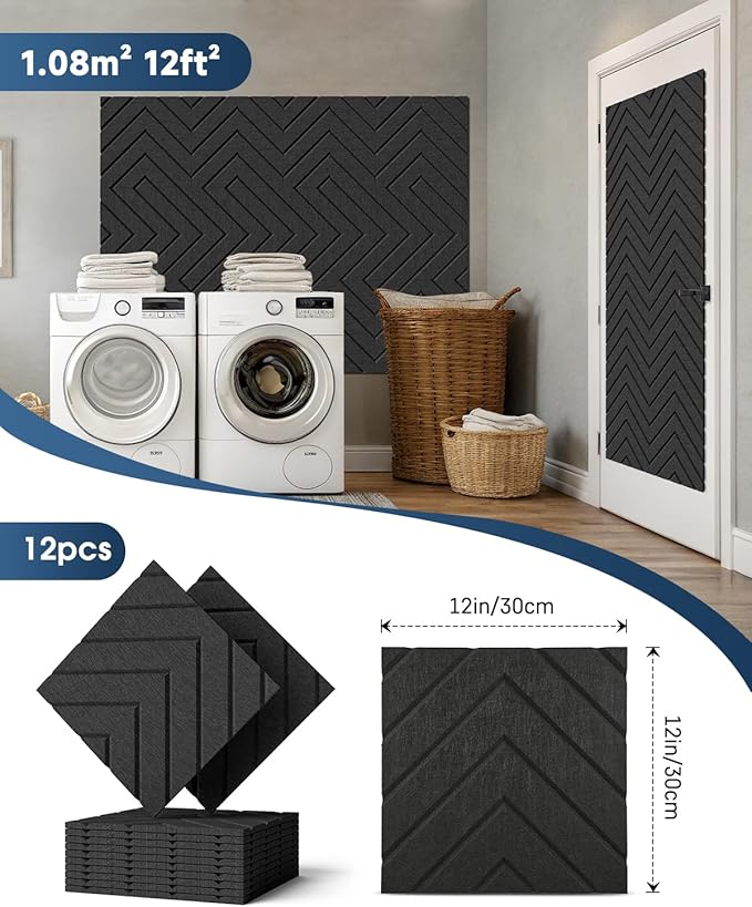 Sound Proof Foam Panels for Walls, 18 Pack Self-Adhesive Acoustic Panels, 12" X 12" X 0.4" Soundproof Wall Panels for Door, Ceiling, Home Office Black