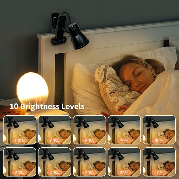 LUJOLUMIN Clip Lamp, Mini Portable 360° Rotation Clamp on Lamp for Bed/Bedside Headboard/Table/Bunk/Desk/Shelf, 3 Color Temperature Options, 10 Dimmable Brightness Levels for Reading (5W) | Metal Clamp Desk Light, 3 Color Temperatures and 10 Brightness...