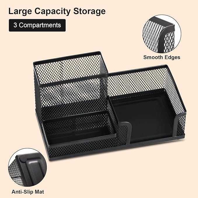 Comix Mesh Pen Holder, Desk Organizer for Home Office, Black | 3 Compartment Pencil Holder, Sticky Notes Holder, Pen Organizer Office Supplies