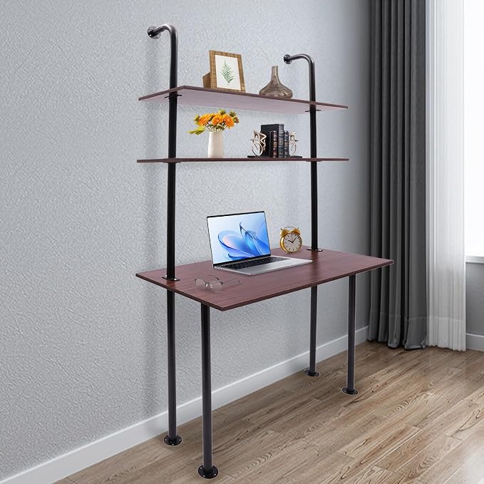 Industrial Wall Mount Desk with Shelves, 3-Shelf Ladder Desk, Computer Writing Table for Small Spaces, Black and Brown Modern Narrow Floating Table with Storage (13" Dx39.4 Wx79 H)