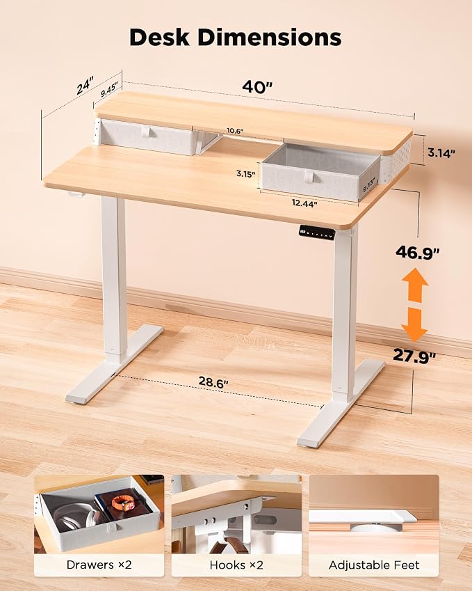 FiCiHi 40x24 Inch Electric Standing Desk, 2 Drawers, Adjustable Height Desk | Small Sit Stand Computer Desks, C-Clamp Compatible Home Office Desk with Monitor Stand, Cable Management, 3 Preset Heights