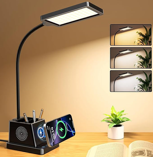 cozoo LED Desk Lamp for Home Office, 15W Bright Desk Light with Wireless Charger Pen Holder, Gooseneck Small Table Lamp for Bedroom, Study, Reading, Work, Task, Craft, College Dorm Room Accessories