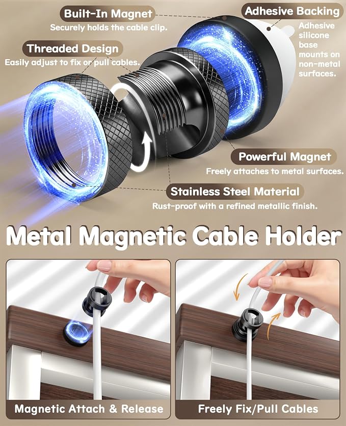 Maveek 8 Pack Magnetic Cable Holders, Cord Anchor for Desk, Metallic Black | Wire Organizer USB Charging For Home Nightstand Office Desk Car Dash Cam, Stronger Hold Maget, Self-Adhesive & Magnetic Mount