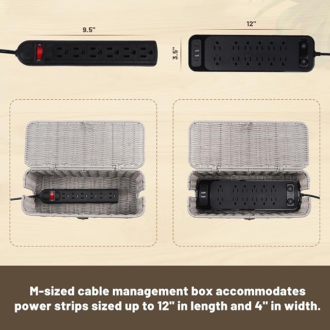 BROWNLILY Cable Management Box, Rattan Style Cord Organizer for Desk Cord Hider Outlet Covers for Power Strip TV PC Router Charger Under Desk Storage with Lockable Lid and Cable Ties