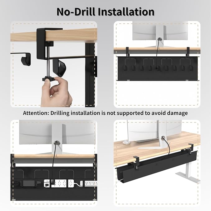No Drill Under Desk Cable Management Tray, 47.5” Fabric Clamp Mount | Cord Organizer for Table, Heavy Duty Wire Management for Office Home, Black