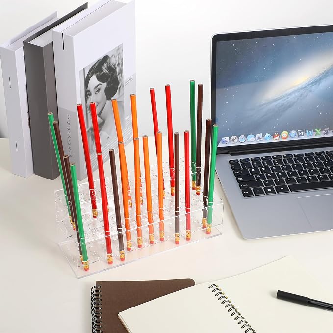 Acrylic Pen Holder, 48-Slots Pen Display Stand 2 Tier Pencil Display Desk Stand Clear Eyebrow Pen Stand Makeup Brush Rack Organizer for Home Office Desk School Supplies