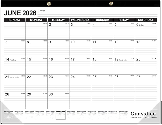 GuassLee Large Desk Calendar 2026-2027,19 Months from Jun. 2026 to Dec. 2027, 22 x 17 Inches Desktop Wall Calendar Hanging Planner with Julian Date, Notes, Reinforced Corners for School Home Office