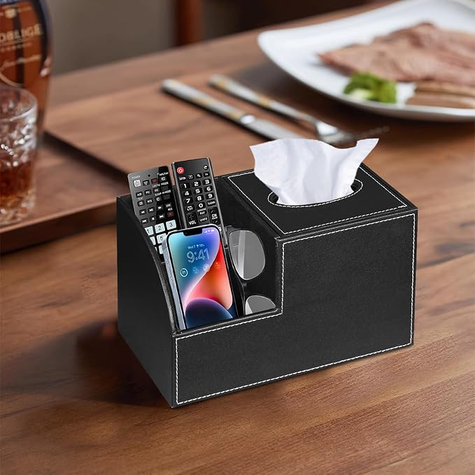 PU Leather Square Tissue Box Cover,Multi-Functional Tissue Cube Box Holder | Facial Tissue Box Cover with Storage,Tissue and Remote Control Holder,Cube Tissue Box Organizer Bedroom,Nightstand,End Table