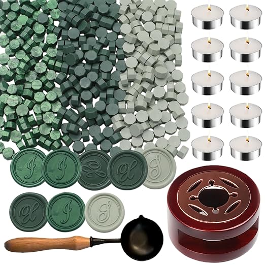 Wax Seal Kit with Warmer, ONWINPOR 300pcs Sealing Wax Beads Olive Sage Green in 3 Colors, Non-Slip Spoon, Candles for Envelopes, Stamp Letter Seal,Wedding Invitations (Green Mixed)
