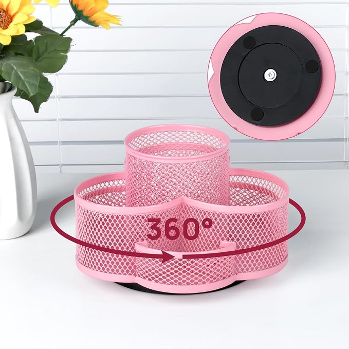 Topwey Pink Rotating Pencil Holder for Desk Office | 360-degree Rotation, 7 Compartments, Metal