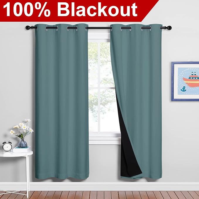 NICETOWN 100% Blackout Window Curtain Panels, Full Light Blocking Drapes with Black Liner for Nursery, 72-inch Drop Thermal Insulated Draperies (Aqua, 2 Pieces, 42-inch Wide Per Panel)