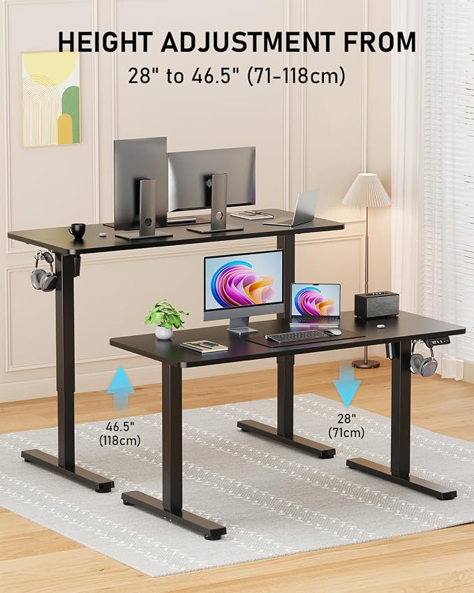 48" Electric Standing Desk Adjustable Height, Sit Stand up Desk for Home Office & Computer Workstation, 2 Memory Height Settings, Splice Board, 2 Hooks, Black Frame/Black Top
