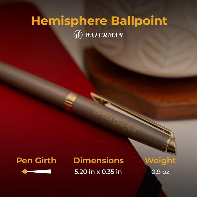 Waterman Hemisphere Engraved Ballpoint Pen, Metallic Grey with Gold Trim, Twist Action, Blue Ink, Personalized Gift for Executives, Retirement, Board Members, Career Advancement, Waterman Gift Box