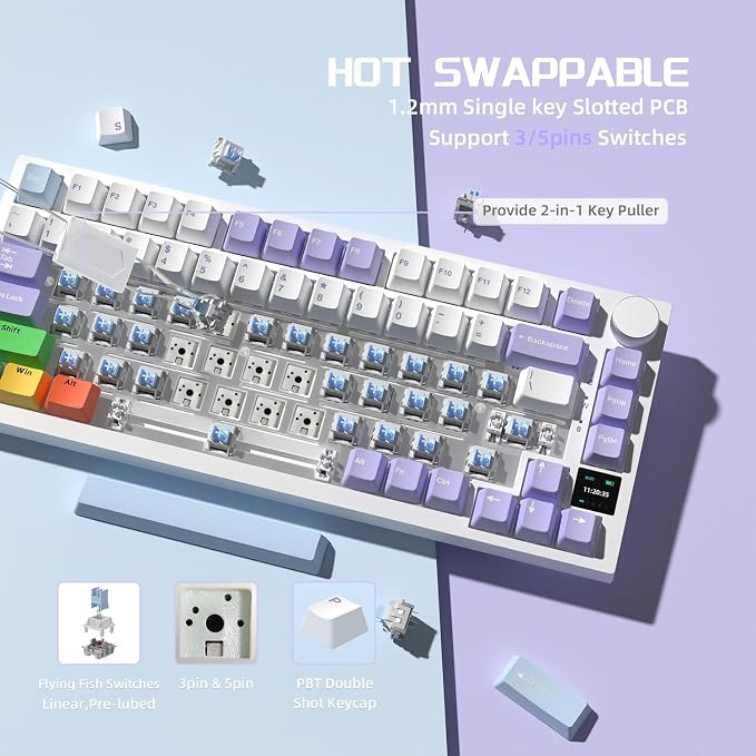 Attack Shark ajazz AK820 Pro 75% Mechanical Keyboard and Coiled Cable Hot Swappable Wireless 2.4GHz/Bluetooth/Wired TFT Screen & Knob Flying Fish Switch RGB Gasket Mount Custom Keyboard-Purple
