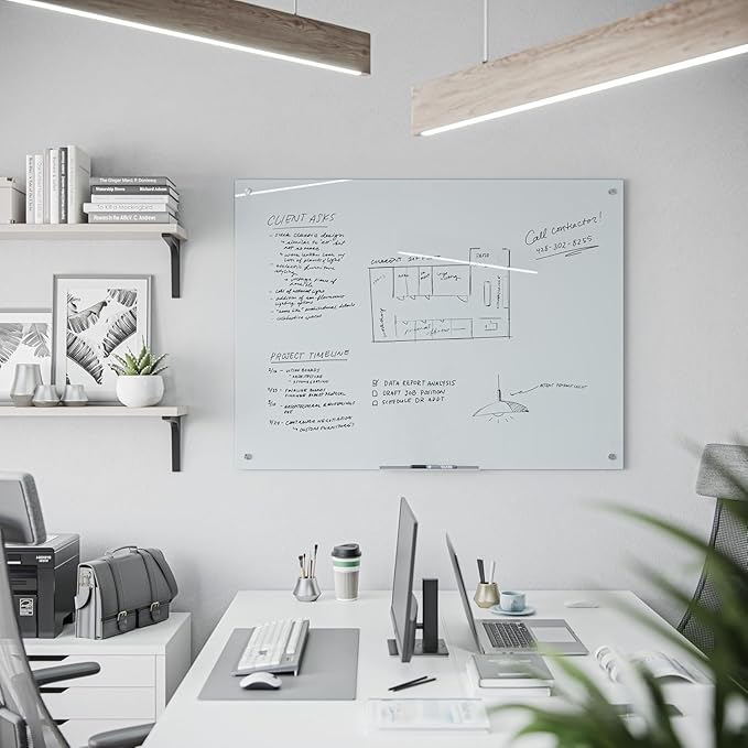 U Brands White Frosted Glass Magnetic Dry Erase Board with Shag Eraser, Markers, and Magnets, Frameless, 18" Tray, 48" x 36"