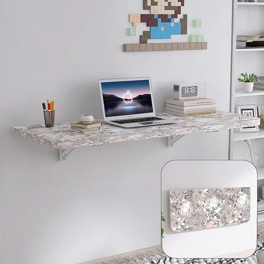 Wall Mounted Folding Table 40"x 16" with Removable Heavy-Duty Brackets Support Up to 200 Pounds Folding Desk for Small Space Home Laundry Room Office Rv Suitable for Solid Wall (Summer Flowers)