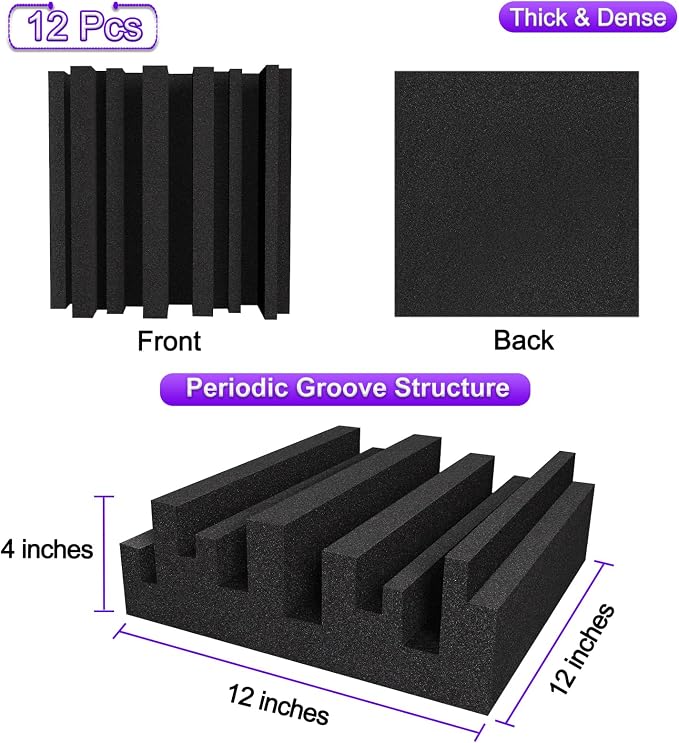 TroyStudio Thick Acoustic Foam Panels, 12 X 12 X 4 Inch 12 Pcs Broadband Sound Absorbing Foam, Dense Soundproof Padding Tile, Recording Studio Foam Absorber, Groove Decorative 3D Wall Ceiling Panel