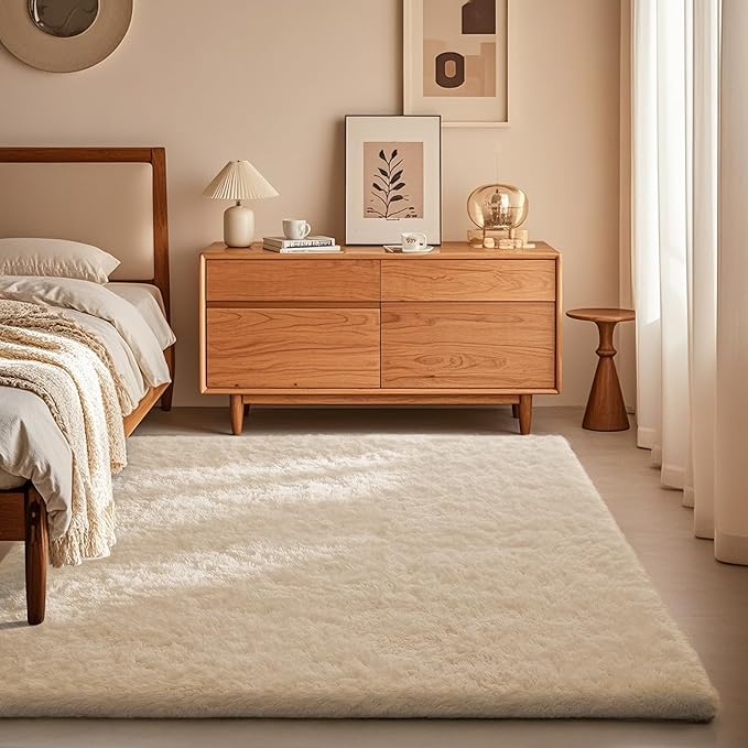 Ophanie Area Rugs for Bedroom, Christmas Upgrade Non-Slip Ivory Fluffy Soft Shag Living Room Carpet, Indoor Floor 4x6 Fuzzy Shaggy Plush Nursery Rug for Kids Dorm Decor with Over 99 pcs Pile fibers