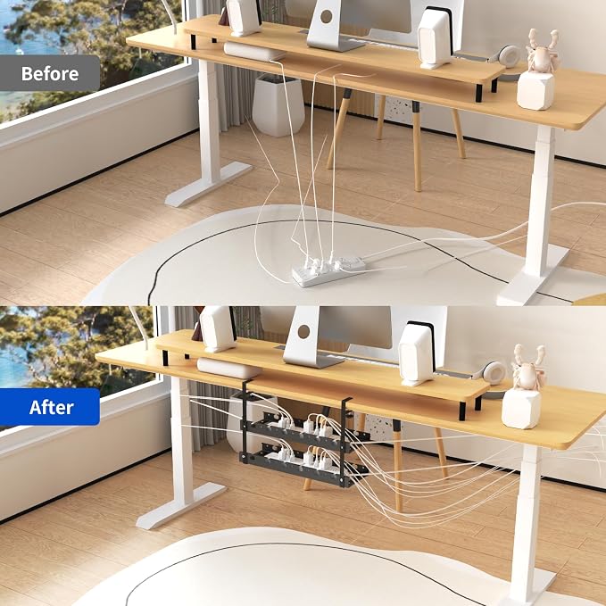 31Inch Extendable Under Desk Cable Management Tray Multi-Model Metal Cable Management Tray Under Desk Cord Management with Clamp Power Strip Cord Holder for Wire Cable Management