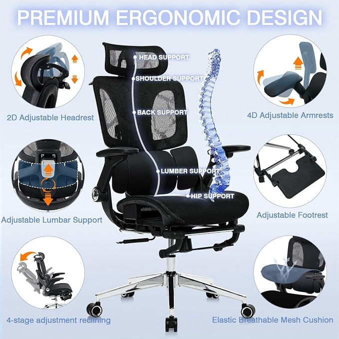 Ergonomic Mesh Office Chair with Footrest, High Back Desk Chair with 4D Armrests, 3-Zone Dynamic Lumbar Support, Ergonomic Office Chair with Wheels (Black)