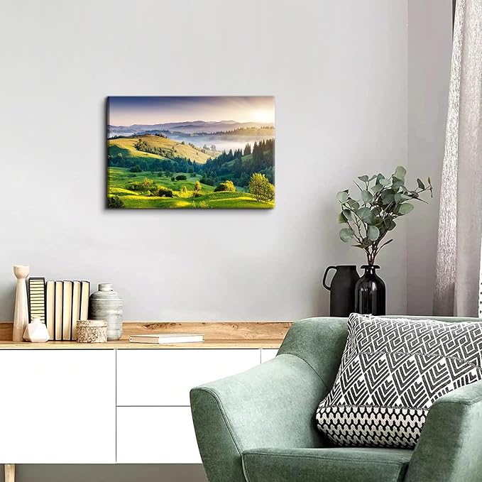 Green Misty Forest Wall Art Spring Mountain Landscape Wall Decor Large Nature Scenery Canvas Picture Painting Modern Framed Artwork for Bedroom Living Room Bathroom Office Home Decoration 16 x 24 Inch