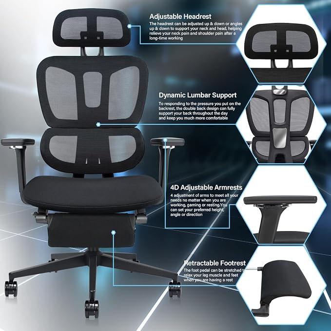 Ergonomic Mesh Office Chair with Retractable Footrest - High Back Computer Chair with Lumbar Support, Adjustable Armrests and Headrest - Adult Multifunctional Home Office Chair, Black