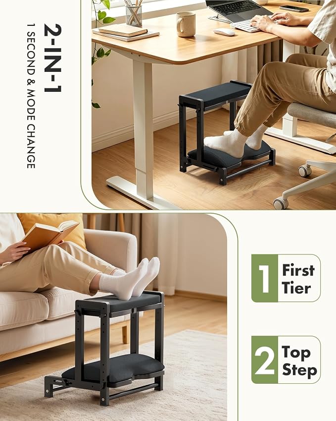 Amazer Double Step Foot Rest for Under Desk, 4 Adjustable Heights Bamboo Under Desk footrest with Soft Cushion, Dual-Layer Desk Foot Stool for Office Home Gaming, Natural Wood Foot Rests for Work